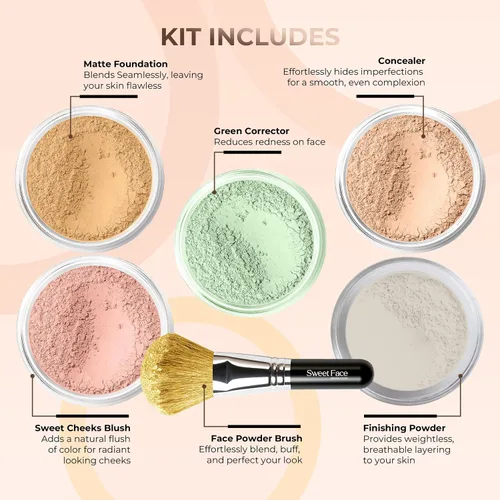 Vista 2 de Kit de 5 piezas con cepillo facial (BEIGE) Mineral Maquillaje Set Full Size Powder Bare Skin Matte Foundation