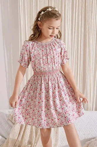 Vista 5 de Vestido floral con cintura fruncida para niñas, ropa de juego para la iglesia, vacaciones, vestido midi suave con bolsillos