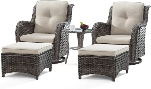Vista 55 de Juego de 2 sillas de patio giratorias de 360 grados para exteriores y mesa auxiliar a juego – 3 sillas deslizantes de mimbre para patio con cojines