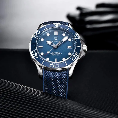 Vista 3 de Relojes automáticos de buceo Pagani Design 007-Model para hombre, movimiento NH35, materiales de acero inoxidable, bisel de cerámica giratoria Hule