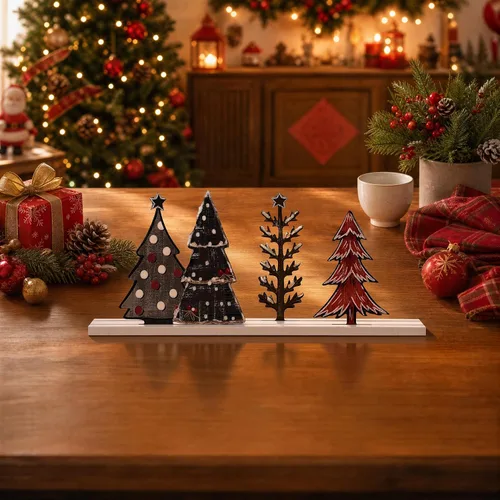 Vista 7 de Decoración de mesa de Navidad con sonrisa, centros de mesa de pie, 4 piezas de señales de árboles de Navidad en madera, decoración para estante.
