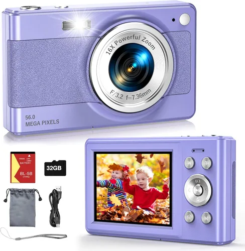 Vista 8 de Nueva cámara digital 2025, 56MP FHD 1080P para niños con zoom digital de 16x, antivibración, detección facial, captura de sonrisas, tarjeta TF de 32