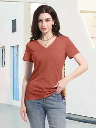 Vista 2 de PGANDS Camisetas de verano para mujer, cuello en V, manga corta, casual, básica, ajuste holgado