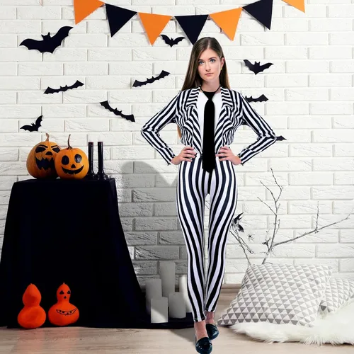 Vista 5 de SATINIOR Traje de Halloween a rayas verticales blancas y negras para mujer, pantalones de longitud con chaqueta de corbata