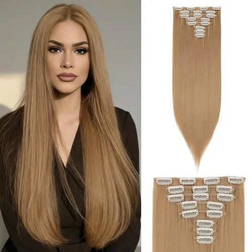Vista 41 de S-noilite 8 piezas de extensiones de cabello largo con clip para mujer, extensiones de cabello sintético de doble trama, 18 pulgadas, #12H24 Honey