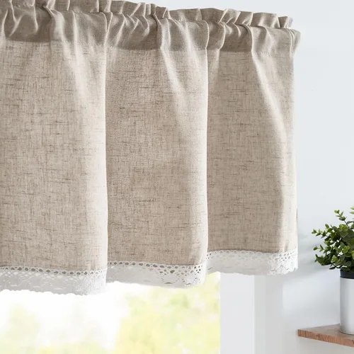 Vista 14 de jinchan - Cenefa de lino con borde de encaje, cenefa rústica de estilo granja para ventana de 16 pulgadas, tratamiento para ventana pequeña