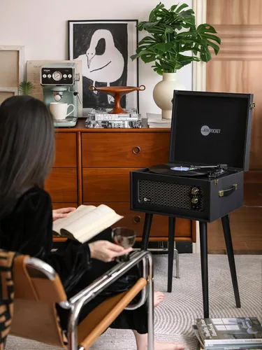 Vista 7 de Arkrocket Discovery II Tocadiscos retro de 3 velocidades con Bluetooth, consola con altavoces integrados y patas extraíbles (negro)