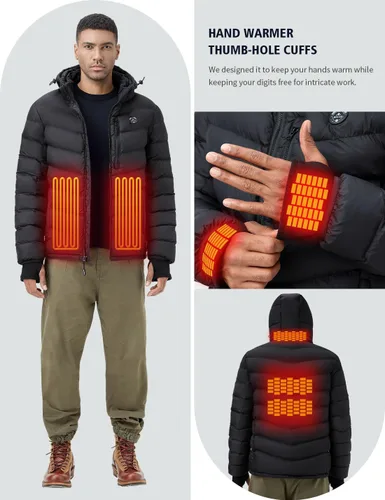 Vista 8 de Chaqueta térmica para hombre con batería de 12 V y guantes calentadores de manos, chaqueta con capucha aislante de calefacción eléctrica