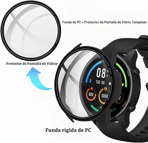 Vista 2 de Paquete de 2 fundas con protector de pantalla de vidrio templado compatible con Xiaomi Mi Watch, dureza 9H 360°, carcasa de PC completa negra +