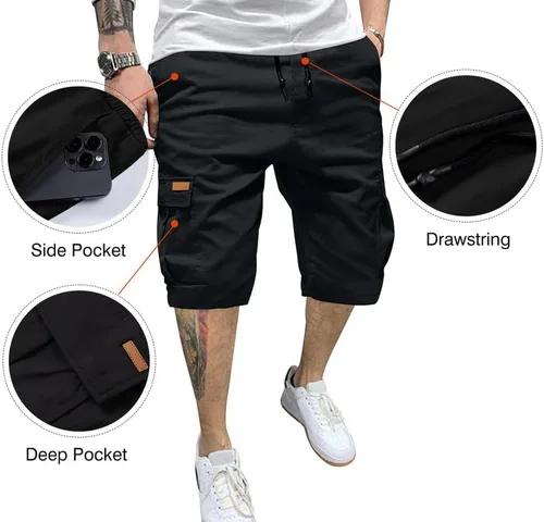 Vista 7 de JMIERR Pantalones cortos de sarga para hombre con cordón de algodón clásico elástico con 6 bolsillos