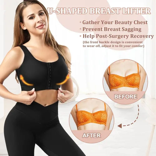 Vista 2 de Urheiluer Sujetador posoperatorio para mujer, cierre frontal, corrector de postura de compresión, moldeador, camisetas sin mangas, soporte