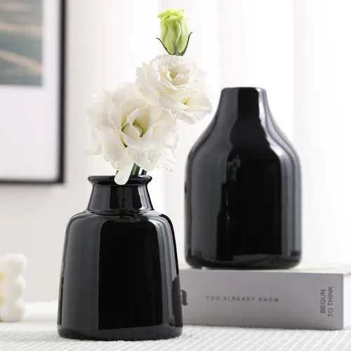 Vista 3 de Juego de 3 jarrones negros pequeños para decoración moderna del hogar, jarrones de cerámica para centros de mesa, jarrones de flores para sala