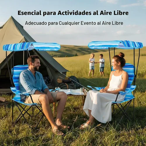 Vista 5 de Paquete de 2 sillas de playa con toldo, sillas plegables de camping con toldo, silla de césped portátil resistente a la intemperie con soporte