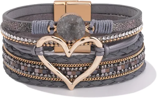 Vista 12 de Pulseras de cuero con corazón grueso, estilo bohemio, apilable, lindo Negro