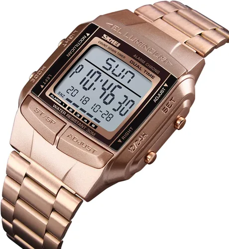 Vista 3 de RORIOS Reloj digital digital LED para hombre, multifunción, luminoso, de doble hora, electrónico, analógico, para hombre, Oro Rosa, Digital