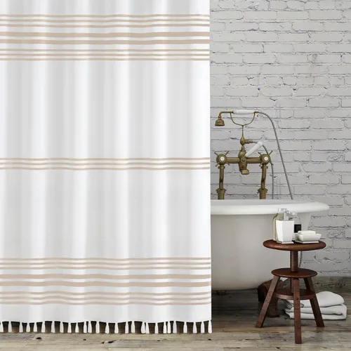 Vista 12 de Seasonwood Cortina de ducha gris y blanca con borlas Cortinas de ducha estilo granja moderna para decoración de baño 72L"x72A" Lavable a máquina