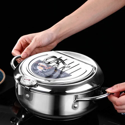 Vista 5 de WSHA Olla de acero inoxidable para freidora, sartén con control de temperatura, estilo japonés, Tempura con escurridor de aceite, para cocina