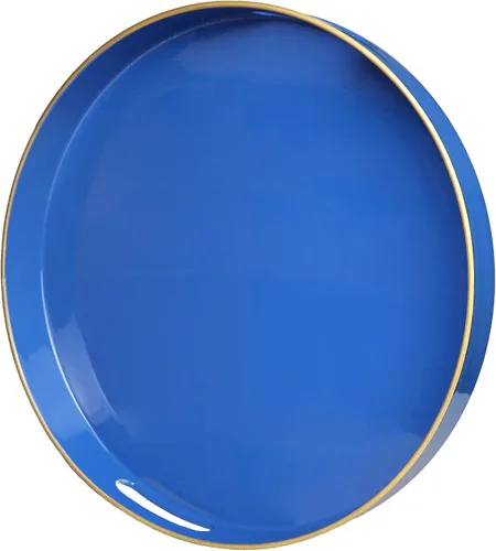 Vista 7 de Bandeja decorativa redonda azul con asas, bandeja de servir elegante de 13" para mesa de café, estilo otomano para sala de estar, baño, exteriores