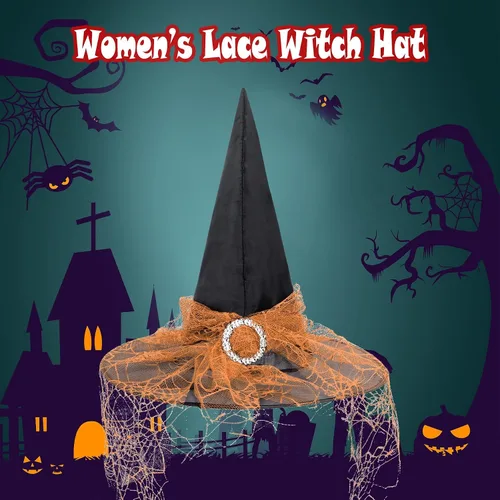 Vista 11 de Zando Sombreros de bruja de encaje para mujer, accesorios de disfraz de Halloween, accesorios de disfraz de bruja plegables para colgar