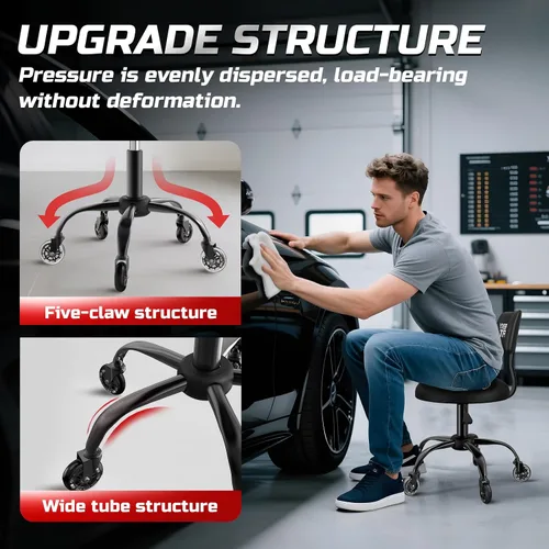 Vista 5 de Taburete Rodante de Taller con Ruedas, Silla de Garaje para Mecánicos con Altura Ajustable 39.5-46.5 cm, Asiento Giratório Resistente para Garaje