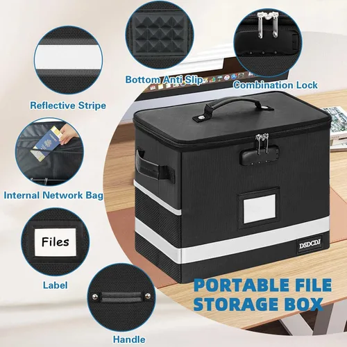 Vista 5 de Caja de documentos ignífuga, organizador de archivos ignífugo con cerradura, caja de archivos portátil con asa, archivador portátil para oficina