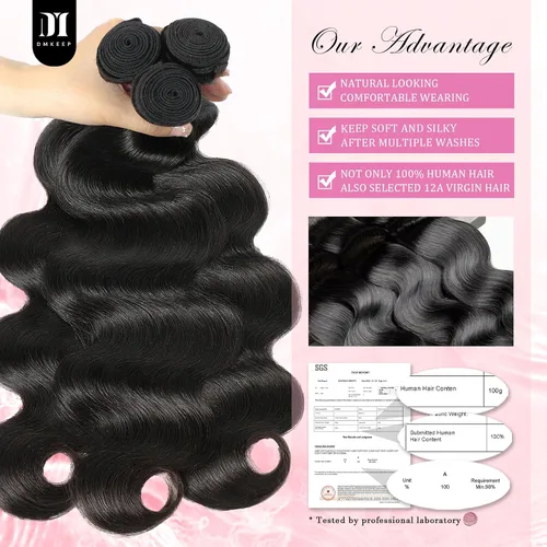 Vista 3 de DMKEEP Extensiones de cabello humano ondulado con cierre, 12, 14, 16+10 pulgadas, 100% cabello virgen brasileño sin procesar, 3 paquetes con cierre