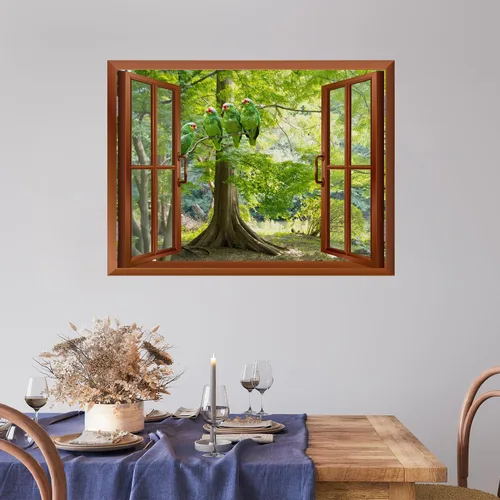 Vista 3 de wall26 Adhesivo decorativo para pared, loros verdes sentados en la rama afuera, ventana abierta, no se pega ni se pega, papel tapiz no tejido