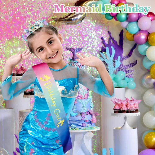 Vista 2 de CIEHER Corona de sirena, banda de cumpleaños, diadema de conchas para niñas, decoración de fiesta de sirena