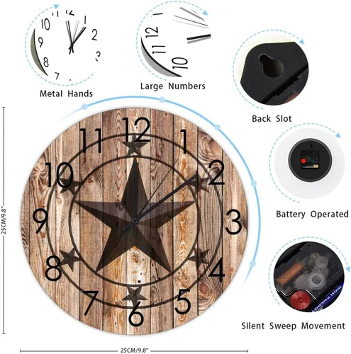 Vista 2 de Reloj de pared redondo rústico con estrella de Texas, funciona con pilas, sin tictac, silencioso para colgar en la pared, reloj de madera, vintage