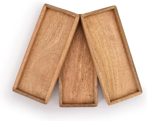 Vista 2 de Samhita Plato de madera de mango con borde elevado, juego de 3 para exhibir aperitivos de frutas, aperitivos, sushi, alimentos decorativos