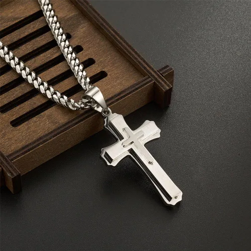 Vista 5 de WW Lifetime - Collar de cruz para hombres y niños, collar con colgante de cruz doble de acero inoxidable con cadena de eslabones cubanos de 24