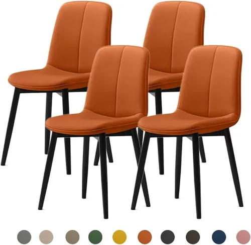Vista 6 de Juego de sillas de comedor modernas, de piel sintética con asiento tapizado de 1.6 in, patas de acero al carbono de mediados de siglo, silla Beige