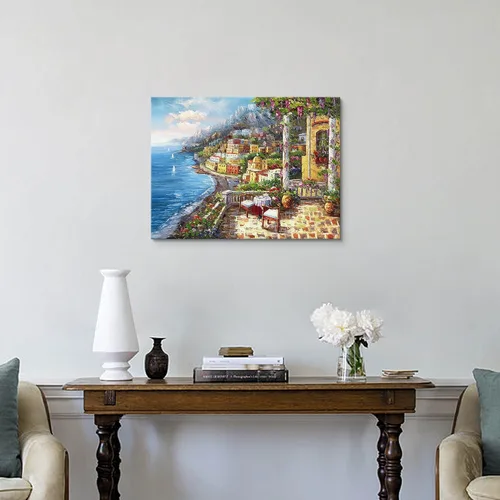 Vista 5 de Pintura de Italia lienzo al óleo arte de la pared: arte mediterráneo de paisaje urbano italiano, imagen de mar italiano, decoración moderna