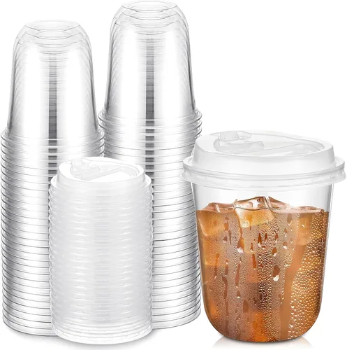 Vista 12 de Baderke Juego de 25 vasos de plástico transparente de 14 onzas con tapas, tazas de café helado resistentes con tapas, vasos de plástico desechables