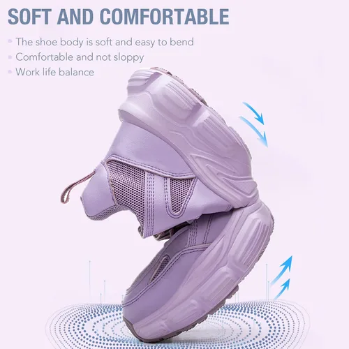 Vista 7 de Zapatos de seguridad para mujer y hombre, con puntera de acero, ligeros, transpirables, morados, negros, zapatos de trabajo, zapatos industriales