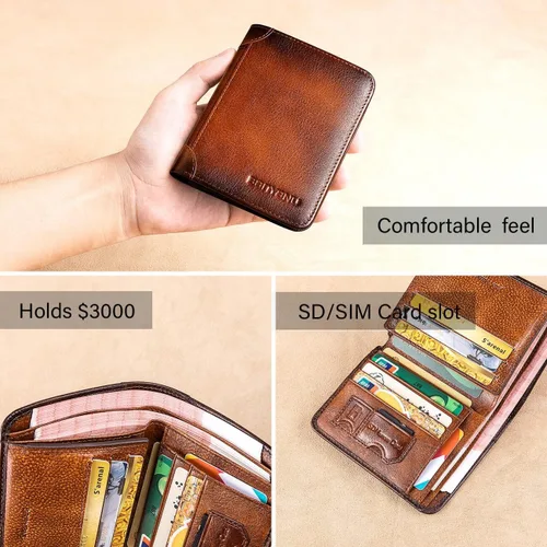 Vista 7 de WOWOLAY Billeteras triplegables para hombres, de cuero, de gran capacidad, estilo vintage, con bloqueo RFID, 2 tarjetas de identificación, Windows