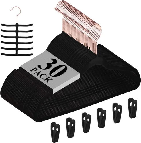 Vista 31 de VECELO Perchas de terciopelo de alta calidad resistentes (paquete de 30), antideslizantes y ahorran espacio con 6 clips para los dedos y soporte