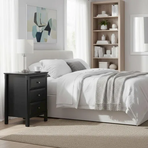 Vista 2 de Furnifact Mesa de acento negra compacta, Mesita de noche de un solo cajón, muebles de dormitorio de madera compuesta, mesa auxiliar pequeña