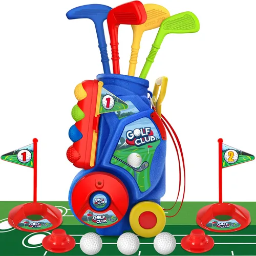 Vista 10 de SUPER JOY Juego de golf para niños pequeños, carrito de golf para niños con 4 palos y 8 pelotas, palos de golf para interiores y exteriores, palos