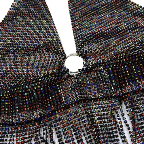 Vista 6 de Camiseta corta sin espalda con diamantes de imitación brillantes para mujer, sexy, halter, transparente, para salir por la noche, fiesta, club
