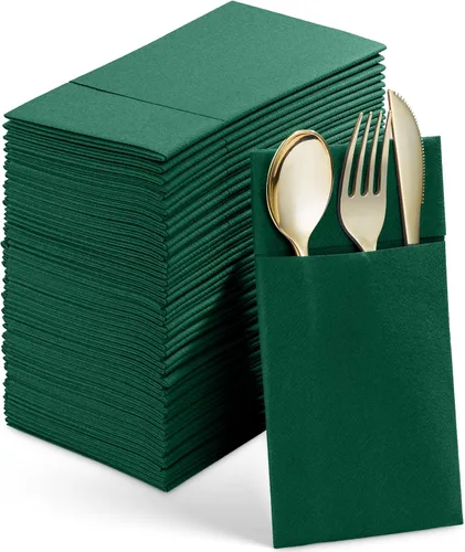 Vista 17 de Paquete de 50 servilletas desechables de lino con bolsillo integrado para cubiertos, tela preplegada azul como servilletas de papel para bodas