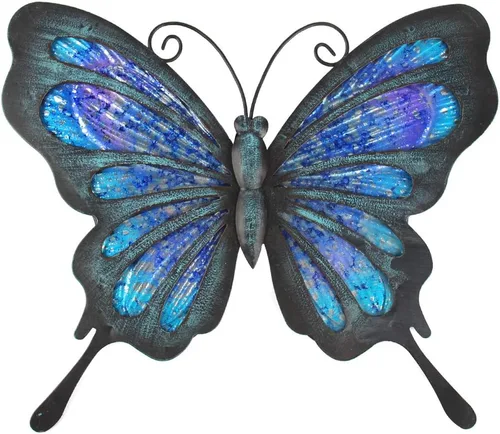 Vista 11 de HONGLAND Decoración de pared de mariposa de metal, escultura de arte para interiores y exteriores, decoración de cristal colgante azul