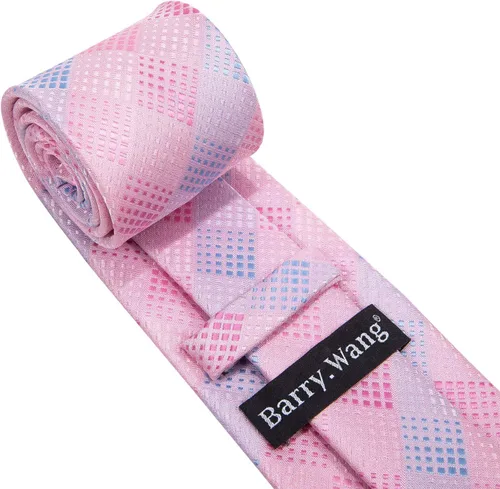 Vista 42 de Barry.Wang Juego de corbatas a cuadros para hombre con pañuelo gemelos de rayas clásicas