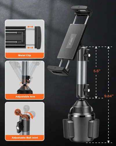 Vista 4 de A2C Soporte de iPad resistente para portavasos de automóvil, brazo de aleación de aluminio estable y ajustable de 5.5 pulgadas, soporte de tableta