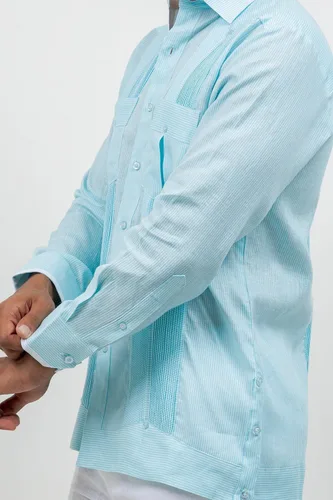 Vista 7 de Mojito - Guayabera de manga larga para hombre, 100% lino, panel de contraste y pliegues tonales Agua
