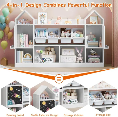 Vista 5 de Vabches Estantería infantil con forma de castillo con pizarra, estantería para niños, organizador de almacenamiento de juguetes para niños