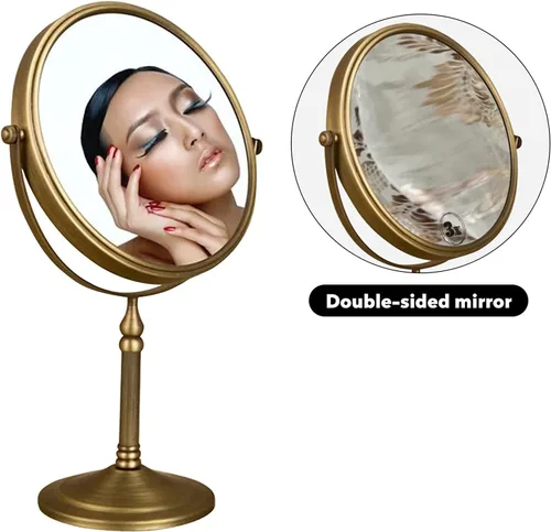 Vista 4 de Leyden Espejo de maquillaje de latón antiguo, espejo de tocador de aumento 3X, doble cara, 7.8 pulgadas, accesorios de baño