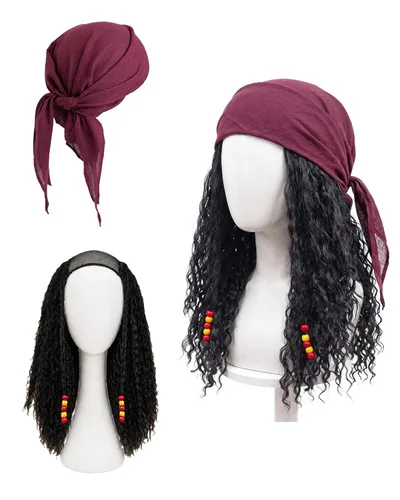 Vista 9 de Juego de 2 piezas de peluca pirata y bandana para hombres y mujeres