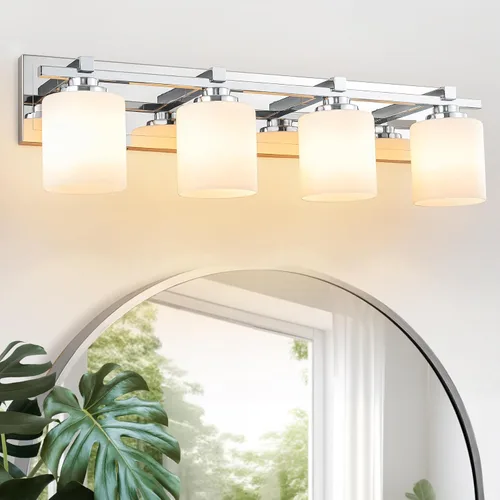 Vista 31 de 1 Luminaria Moderna de Baño sobre Espejo, Luces de Tocador Negro Dorado para Apliques de Pared de Baño con Pantallas de Vidrio Blanco Lechoso
