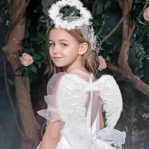 Vista 5 de Alas de ángel para niños y adultos, diadema con halo de plumas blancas, disfraz de ángel de hadas para fiesta, cosplay elegante para mujer
